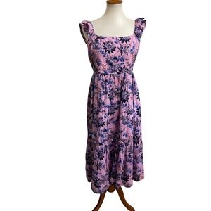 J.Crew Floral Tiered Midi Dress Women 8 Pink Blue Excellent